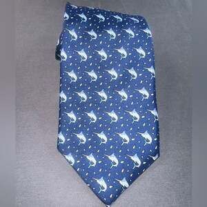 Vineyard Vines Swordfish Print Silk Tie USA Preppy Martha's Vineyard Blue White